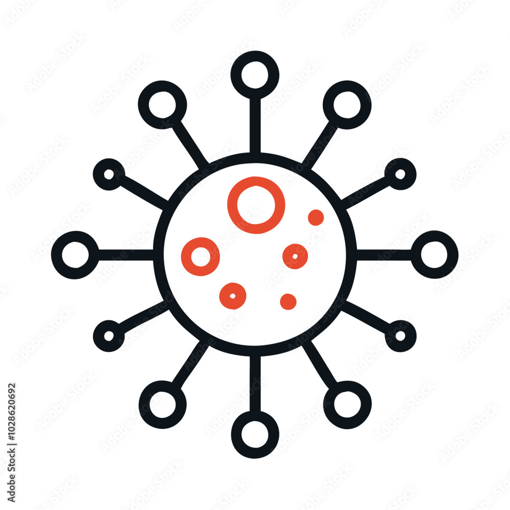 Virus icon in red and black with circular structures Virus icon in red and black with circular structures