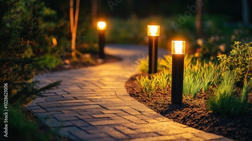 A serene night scene featuring a row of modern outdoor pathway lights casting a warm glow along a curved garden path.