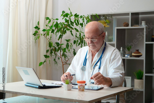 An elderly man, a doctor, in his office, at a table.