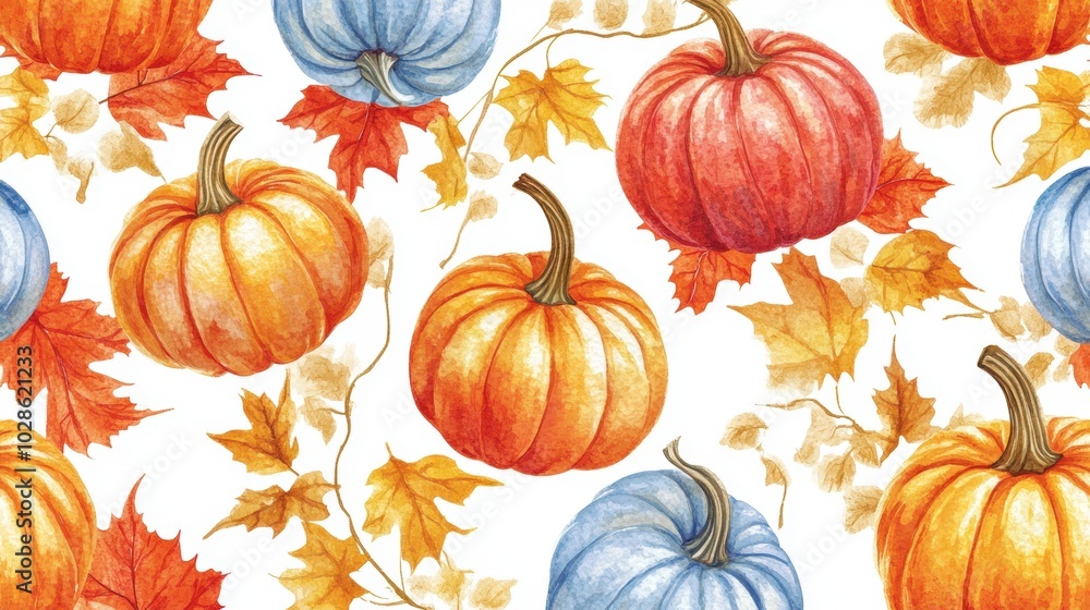Seamless pattern featuring colorful pumpkins surrounded by fall foliage, beautifully hand-painted in watercolor. This autumn-inspired design is ideal for seasonal decorations and creative projects. Seamless pattern featuring colorful pumpkins surrounded by fall foliage, beautifully hand-painted in watercolor. This autumn-inspired design is ideal for seasonal decorations and creative projects.