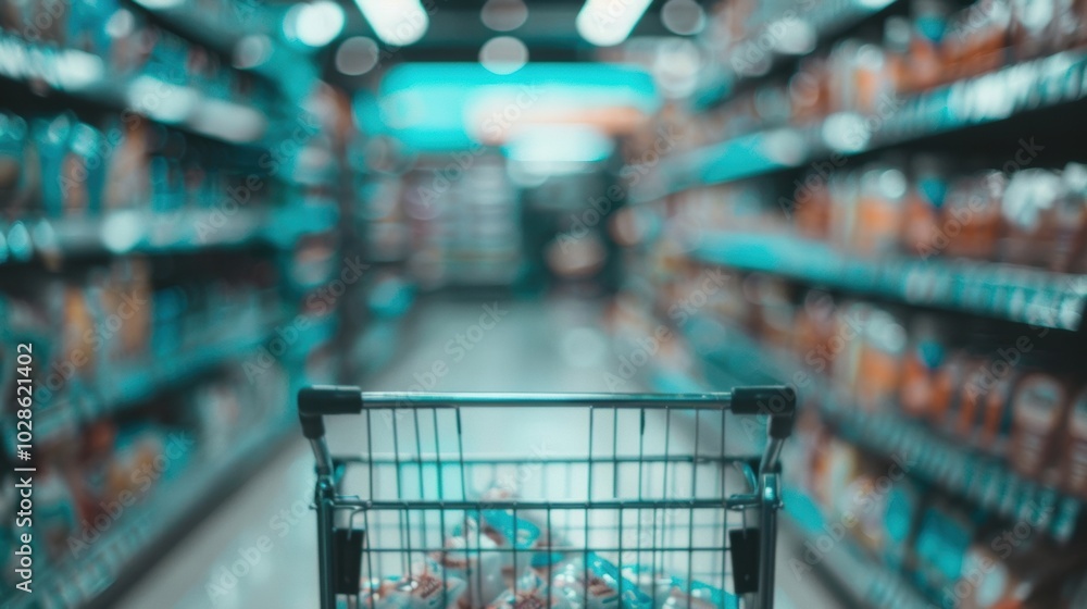 Shopping cart in a blurred supermarket aisle, focusing on grocery shopping, consumerism, and retail environment. Shopping cart in a blurred supermarket aisle, focusing on grocery shopping, consumerism, and retail environment.