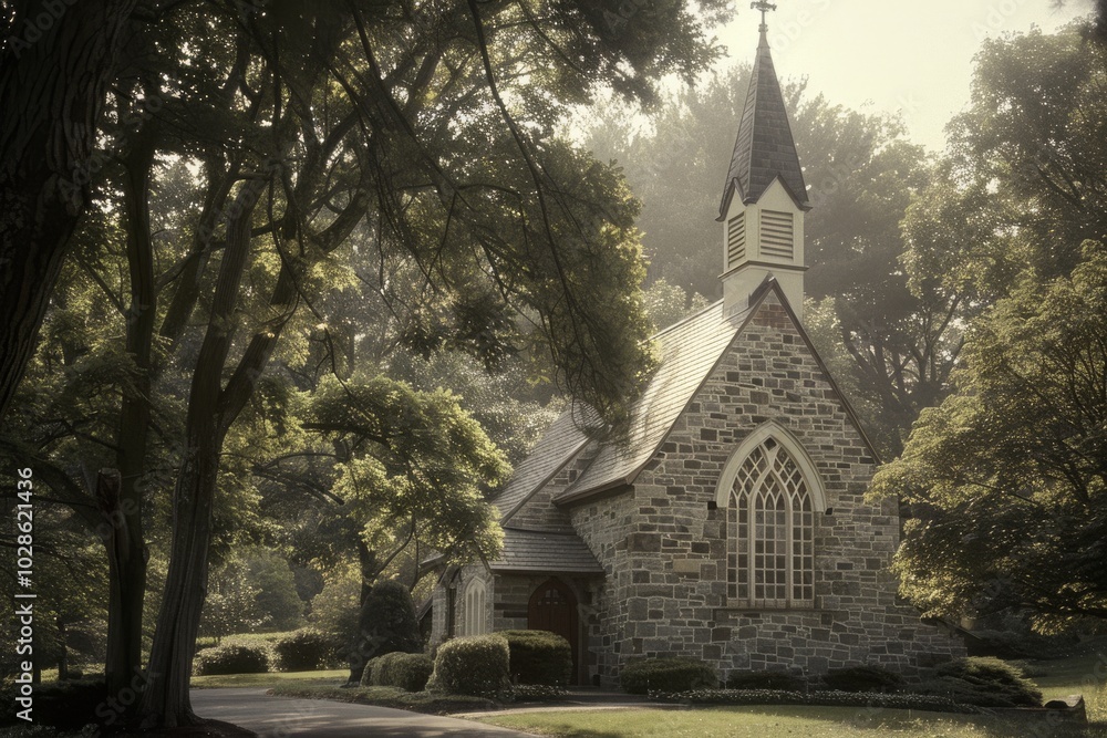 A quaint stone chapel stands serenely amidst lush greenery, bathed in morning light, exuding peace and timeless elegance. A quaint stone chapel stands serenely amidst lush greenery, bathed in morning light, exuding peace and timeless elegance.