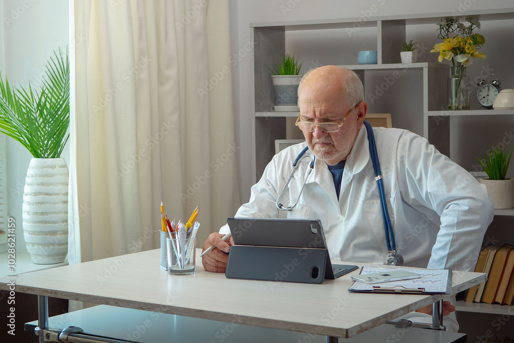 An elderly man, a doctor, in his office, at a table. An elderly man, a doctor, in his office, at a table.