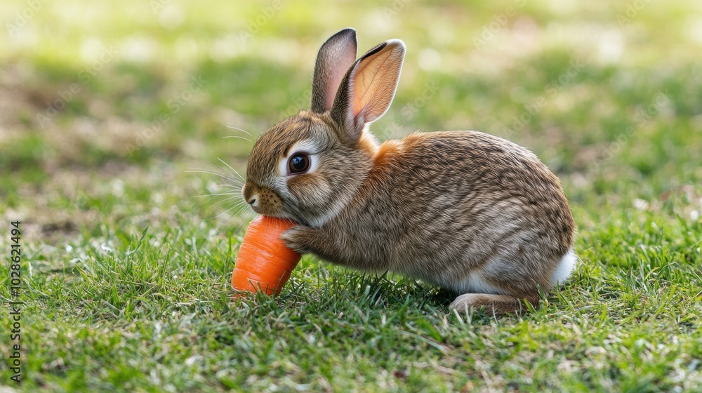 Fototapeta premium fat bunny nibbling on a carrot in a grassy field, bright natural lighting,