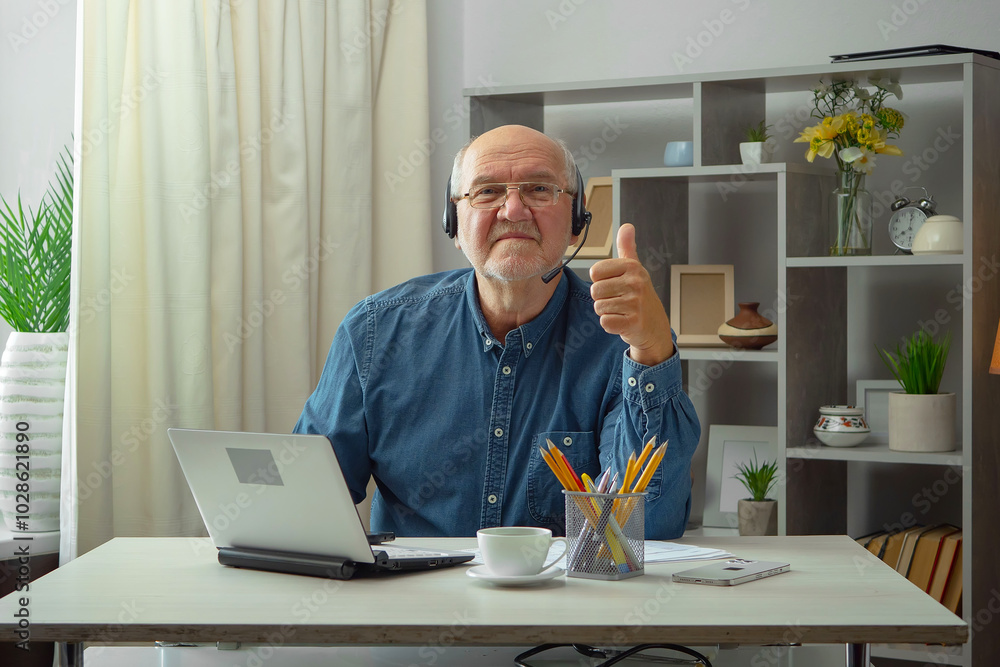 An elderly man, a doctor, in his office, at a table. An elderly man, a doctor, in his office, at a table.