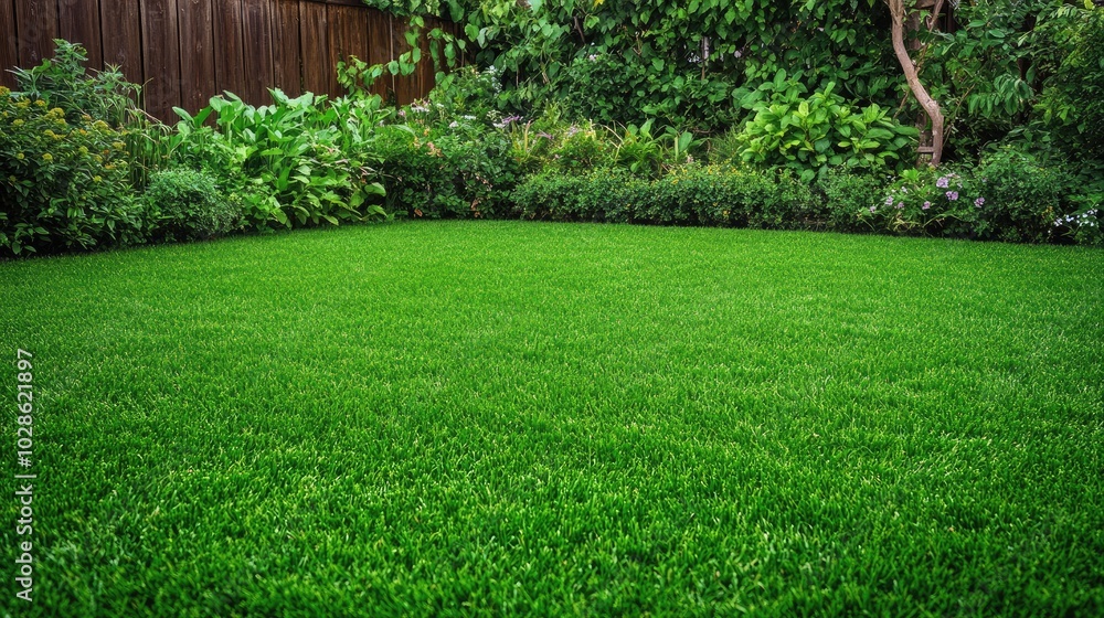 Lush Green Lawn in Backyard Garden Setting Lush Green Lawn in Backyard Garden Setting