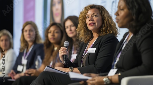 Female professionals on panel discussion at business conference, leadership and diversity in corporate setting. Women executives sharing insights on career growth, strategy, and workplace empowerment