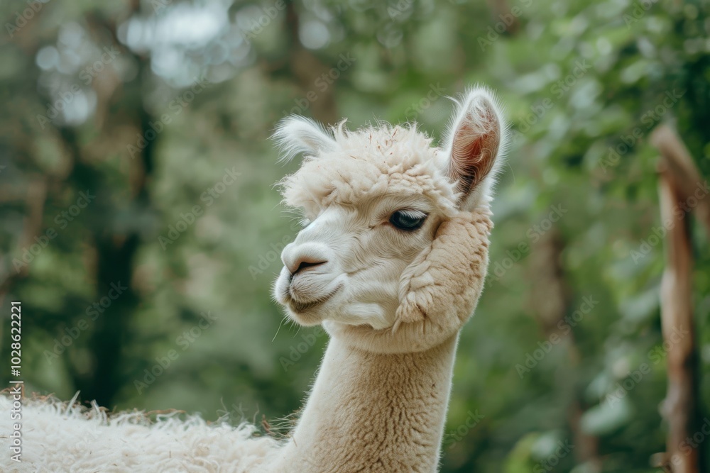 Obraz premium A curious alpaca gazes calmly, its fluffy fur and gentle eyes framed by a blurred, leafy background, exuding a serene nature theme.