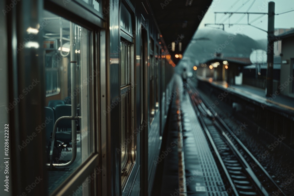 Obraz premium The vintage train reflects morning light, waiting silently at an empty station, invoking a sense of nostalgia and travel anticipation.