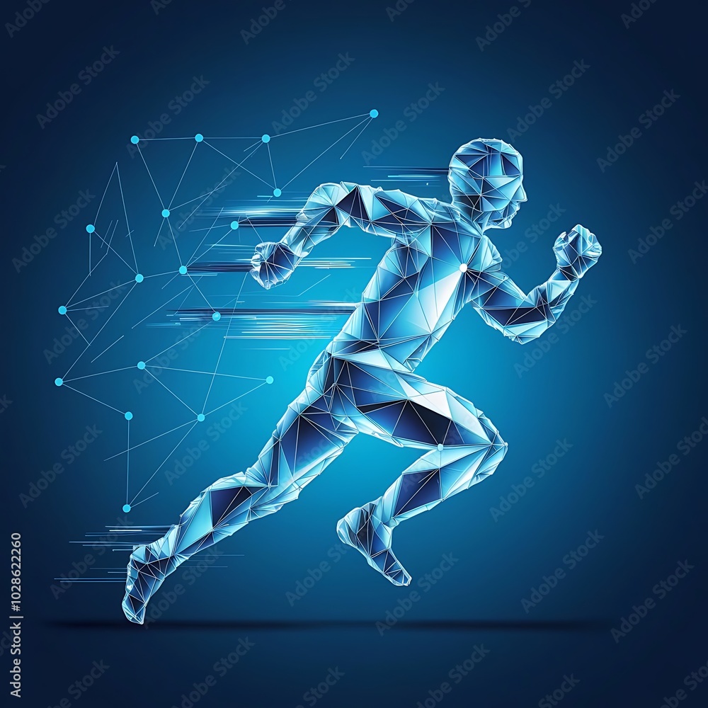 Fototapeta premium Abstract running man form lines and triangles, point connecting network on blue background. Illustration vector