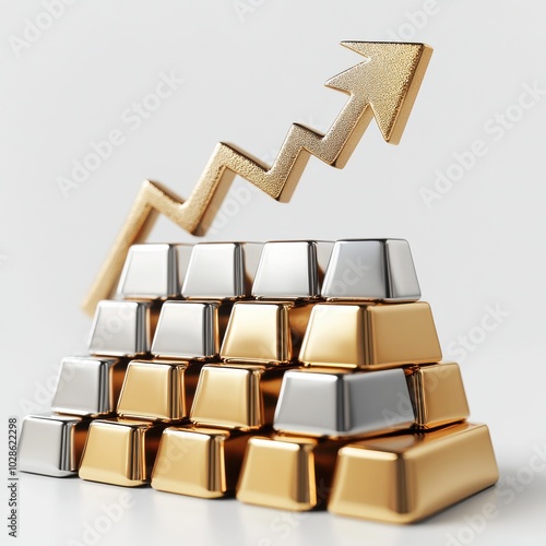 A visually striking image of gold and silver bars symbolizing wealth and investment growth with an upward trend arrow.