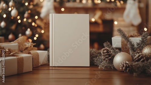 white book mockup on Christmas background. ai generated