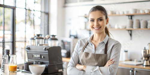 Portrait of female sales staff with beautiful front blur with copy space at coffee shop counter