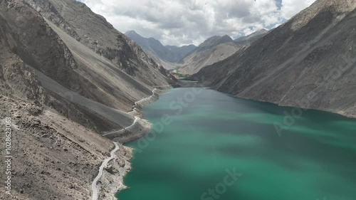 Drone view over Satpara Lake also known as Sadpar Tso a high altitude lake in Gilgit-Baltistan, Pakistan. photo