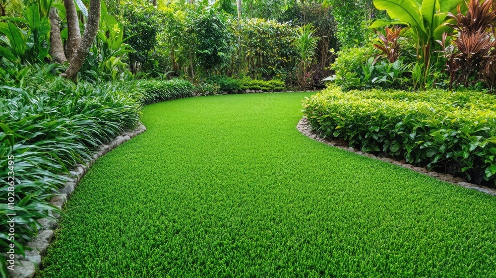 Lush Green Lawn in Serene Garden Setting Lush Green Lawn in Serene Garden Setting