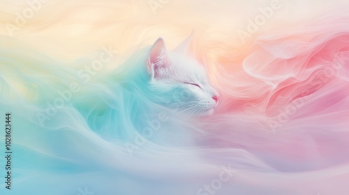 A serene white cat surrounded by soft, pastel-colored clouds, creating a dreamy and tranquil atmosphere with a magical feel.