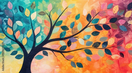 A stylized abstract tree with vibrant, multicolored leaves set against a colorful gradient background, symbolizing growth and creativity.