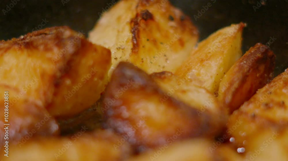 Moving Close Up Shot of Delicious Crispy Roast Potatoes to Accompany Traditional British Dinner Cuisine 4K Moving Close Up Shot of Delicious Crispy Roast Potatoes to Accompany Traditional British Dinner Cuisine 4K
