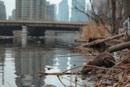 A tranquil riverbank scene with a beaver in the foreground, urban skyline and bridge in the background, captures the juxtaposition of nature and city life. photo