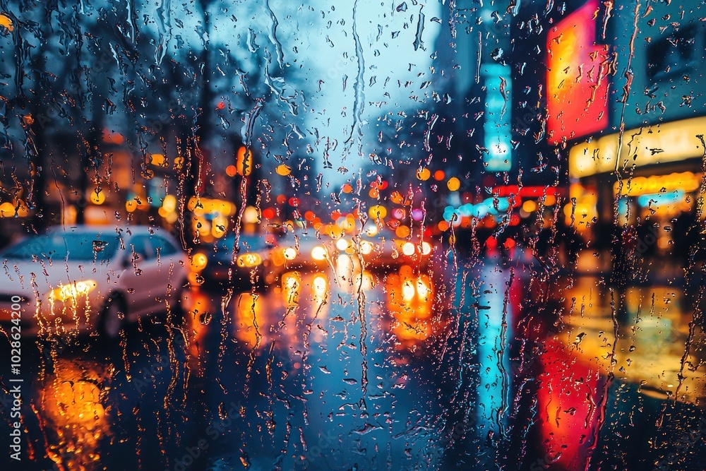 Naklejka premium Rainy evening in a busy city street with yellow taxis and bright lights viewed through a rain-soaked car window Generative AI