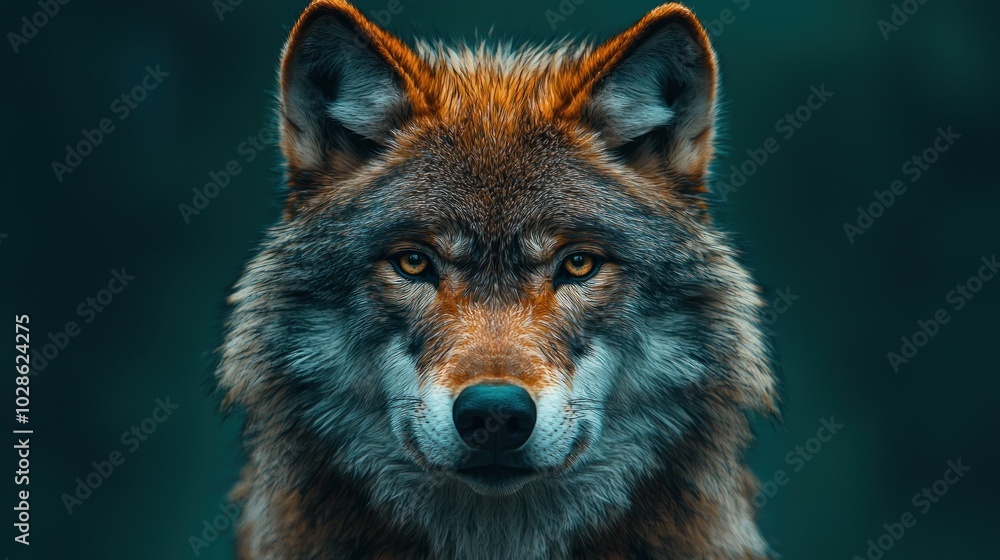 Wolf wearing a suit and tie with a serious expression against a teal background Generative AI Wolf wearing a suit and tie with a serious expression against a teal background Generative AI