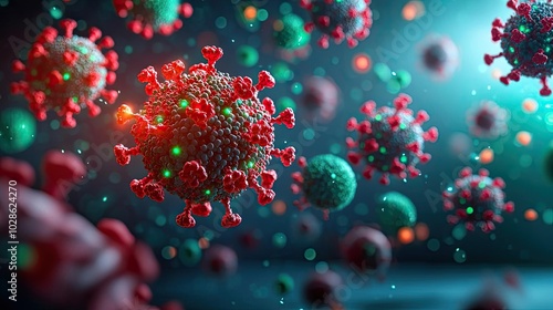 Microscopic view of virus structure with vibrant colors on a dark background.