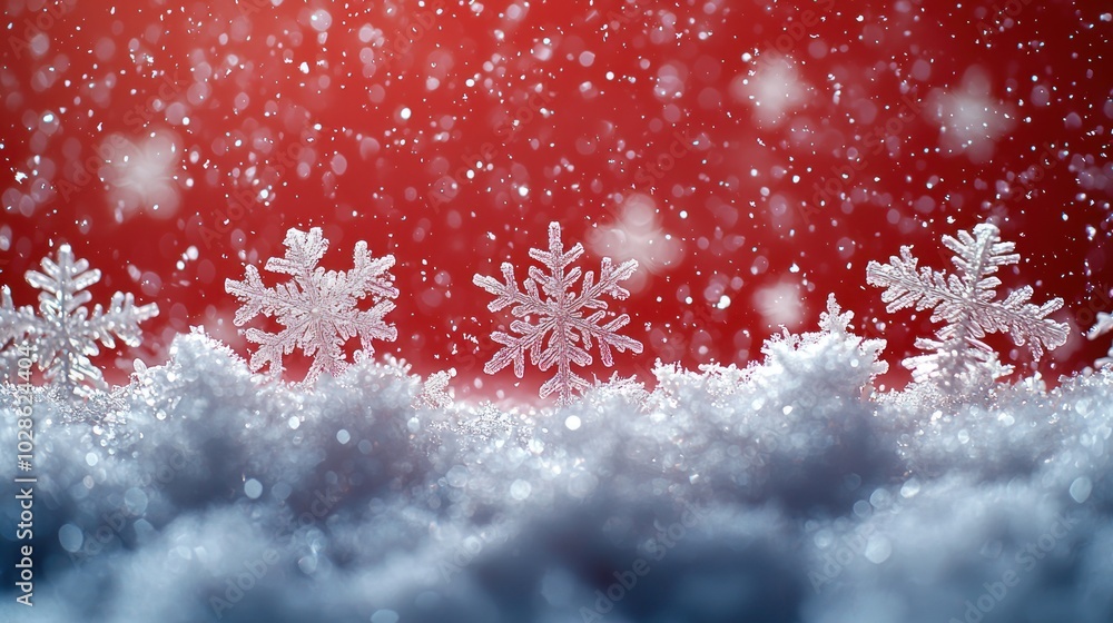 Snowflakes falling over a red winter background with fluffy snowdrifts creating a festive and magical holiday atmosphere Generative AI Snowflakes falling over a red winter background with fluffy snowdrifts creating a festive and magical holiday atmosphere Generative AI