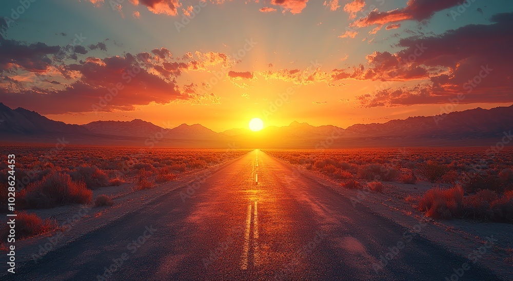 Long road leading through desert landscape at sunset with mountains and vibrant orange sky Generative AI Long road leading through desert landscape at sunset with mountains and vibrant orange sky Generative AI