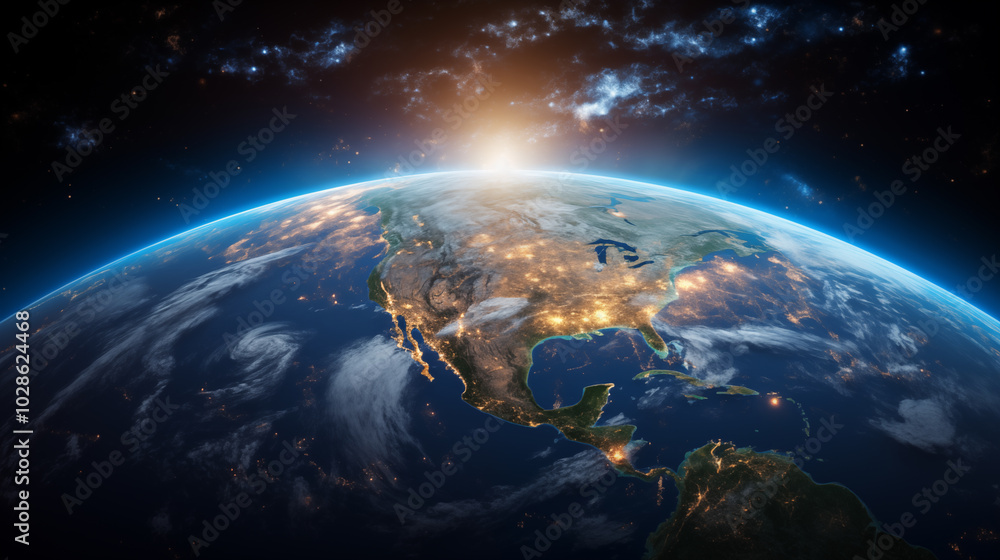 Obraz premium Planet Earth with detailed relief and atmosphere. Blue space background with earth and galaxy.