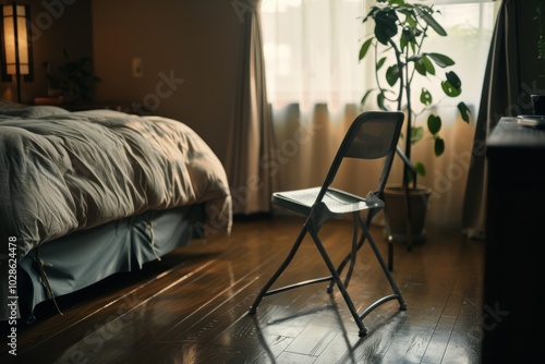 A folding chair rests before a bed in a softly lit room, bathed in the gentle glow of morning light filtering through curtains, creating a serene atmosphere. photo