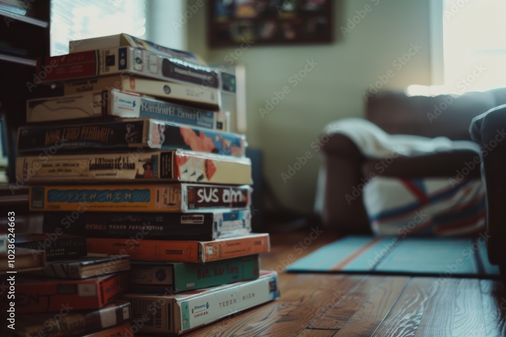 A stack of retro board games is arranged on a living room floor, basking in the soft afternoon light of a cozy home environment.