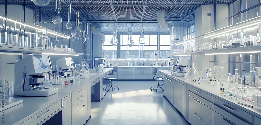 Professional setting in a spacious chemistry lab, organized with precise equipment. Professional setting in a spacious chemistry lab, organized with precise equipment.