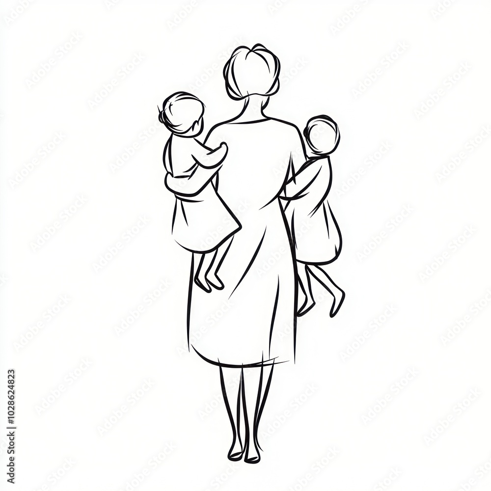 Simple line drawing of a mother holding two children in her arms Generative AI Simple line drawing of a mother holding two children in her arms Generative AI