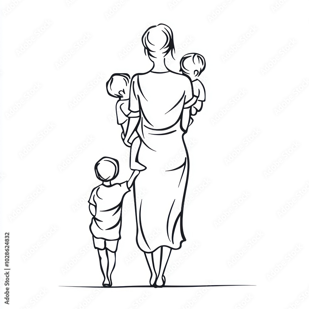 Simple line drawing of a mother holding two children in her arms Generative AI Simple line drawing of a mother holding two children in her arms Generative AI