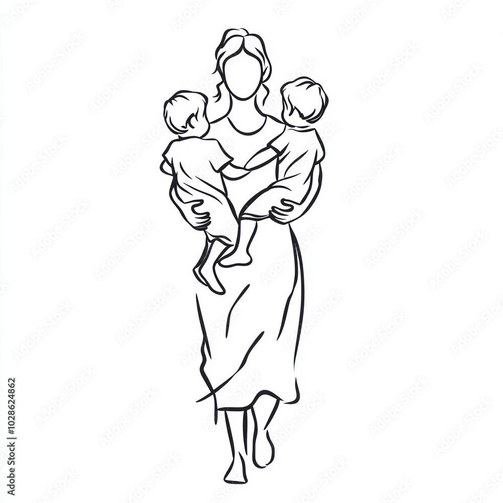 Simple line drawing of a mother holding two children in her arms Generative AI Simple line drawing of a mother holding two children in her arms Generative AI