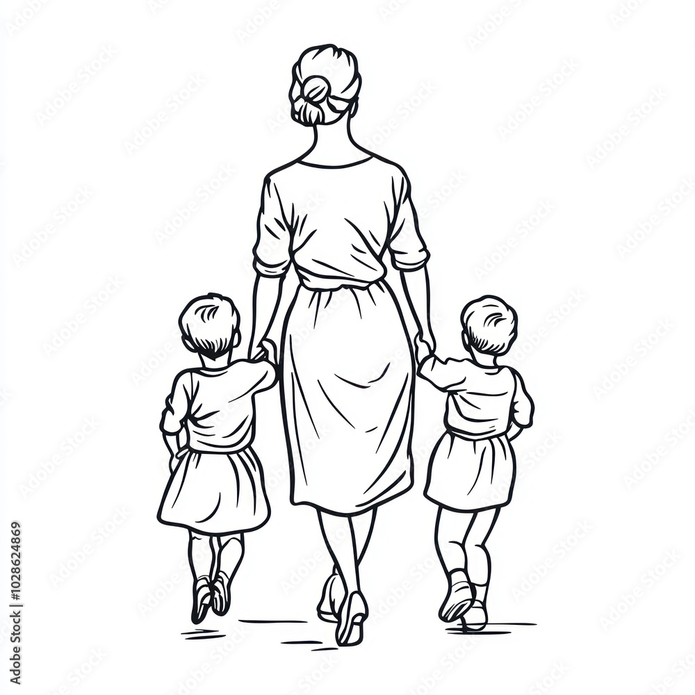 Simple line drawing of a mother holding two children in her arms Generative AI Simple line drawing of a mother holding two children in her arms Generative AI