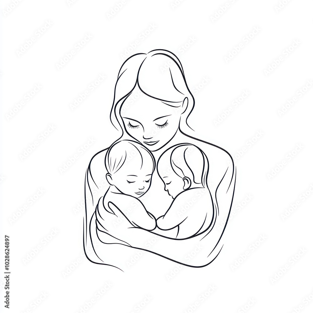 Simple line drawing of a mother holding two children in her arms Generative AI Simple line drawing of a mother holding two children in her arms Generative AI