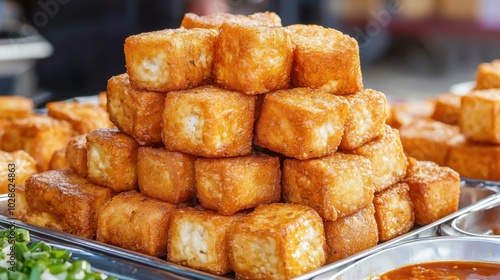 Golden crispy deep-fried tofu stacked on a street vendors tray with spicy chili sauce in the foreground photo