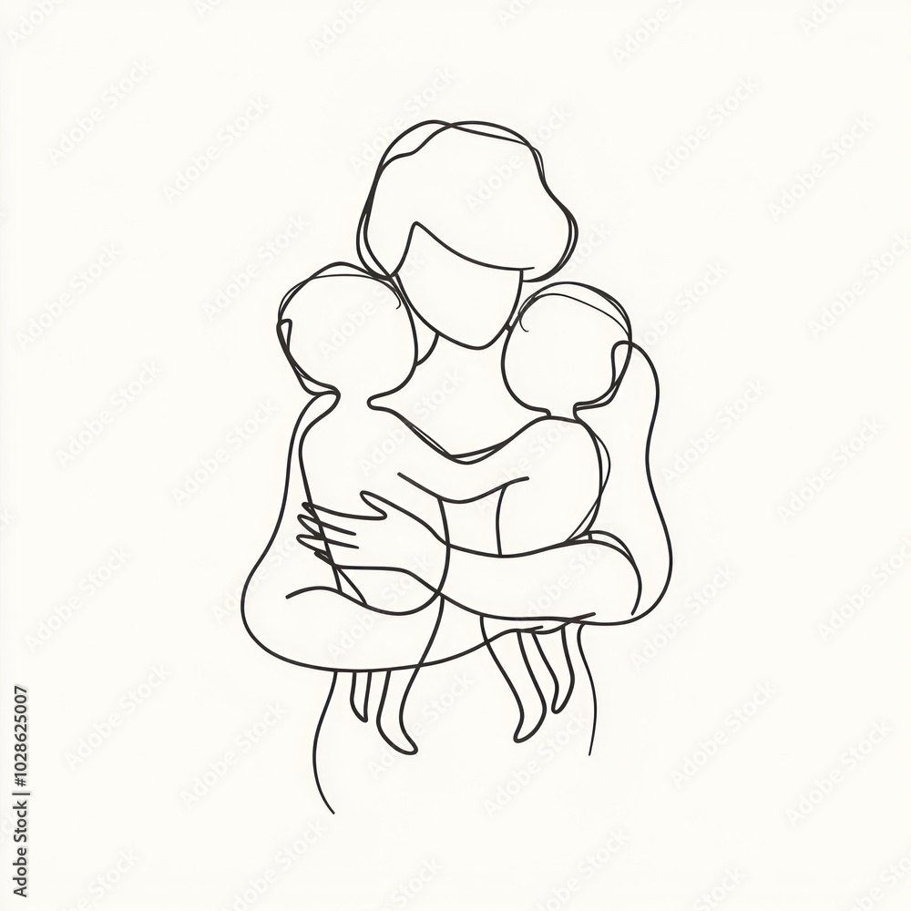 Simple line drawing of a mother holding two children in her arms Generative AI Simple line drawing of a mother holding two children in her arms Generative AI