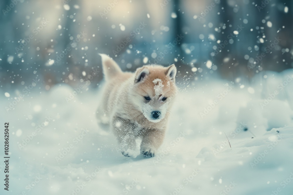 A fluffy puppy joyfully bounds through the snowy landscape, its fur speckled with snowflakes, capturing the essence of playful winter innocence. A fluffy puppy joyfully bounds through the snowy landscape, its fur speckled with snowflakes, capturing the essence of playful winter innocence.