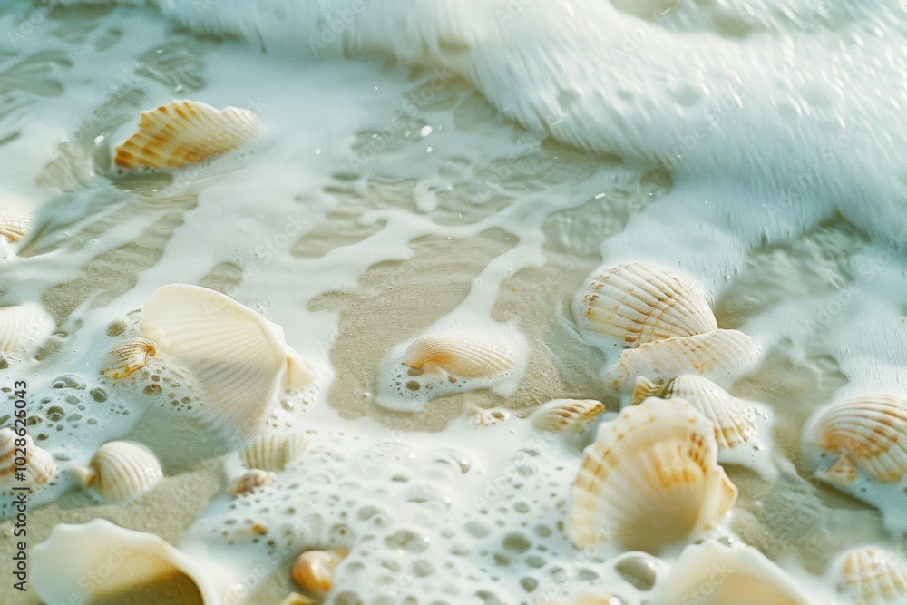 Foamy waves dance over scattered seashells on a golden beach, painting a picture of tranquility and endless seaside beauty in soft, soothing hues. Foamy waves dance over scattered seashells on a golden beach, painting a picture of tranquility and endless seaside beauty in soft, soothing hues.