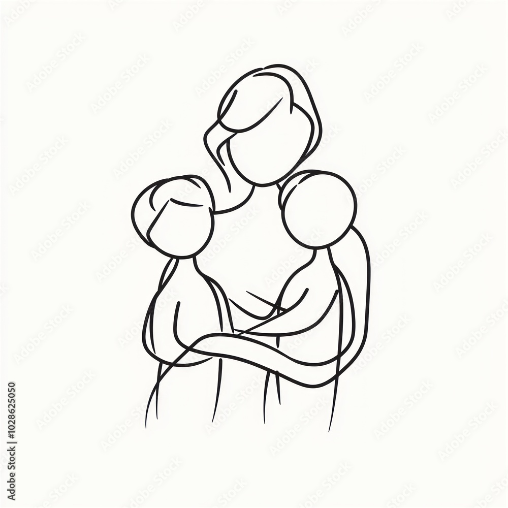 Simple line drawing of a mother holding two children in her arms Generative AI Simple line drawing of a mother holding two children in her arms Generative AI