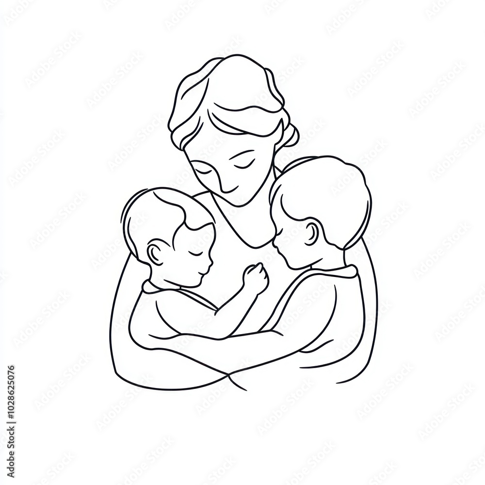 Simple line drawing of a mother holding two children in her arms Generative AI Simple line drawing of a mother holding two children in her arms Generative AI