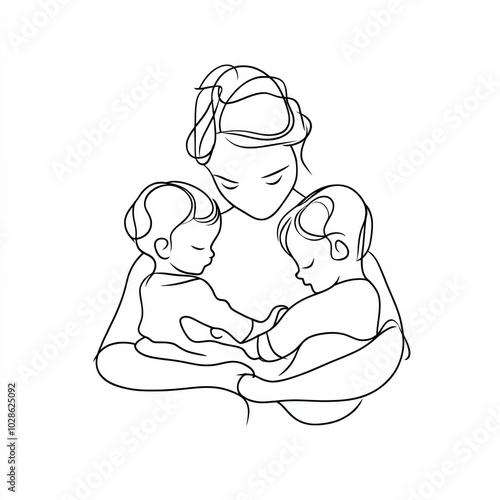 Simple line drawing of a mother holding two children in her arms Generative AI