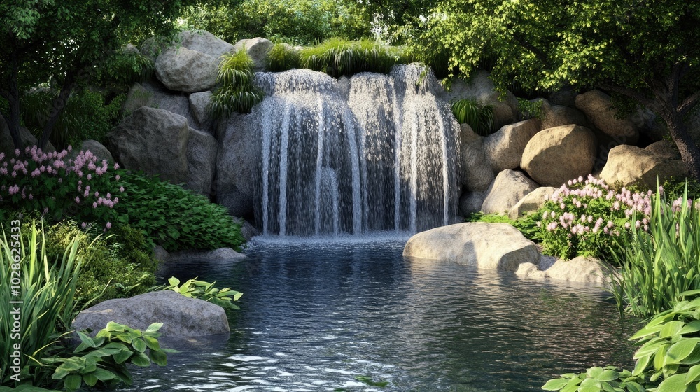Naklejka premium Serene Waterfall in Lush Green Landscape
