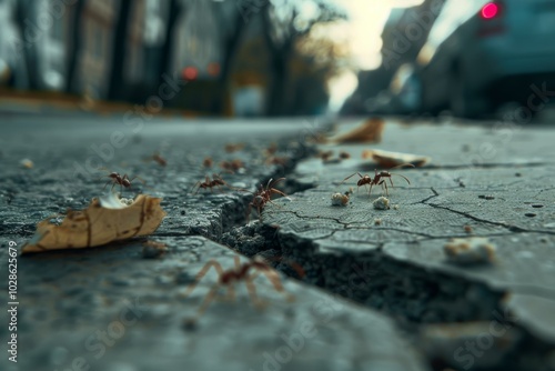 Ants traverse a cracked sidewalk, carrying bits of food, in a snapshot capturing their industrious nature and the busy life of a city’s underfoot world. photo