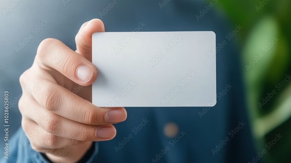 Person holding a blank card with a green background.