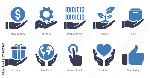 A set of 10 mix icons as receive money, settings, programming