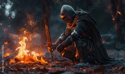 Knight kneeling with a sword in front of a blazing campfire, 4K hyperrealistic photo