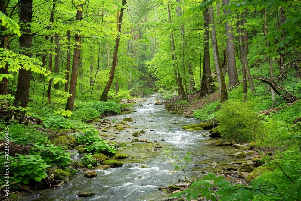 A serene forest stream winds through lush greenery, offering a tranquil escape into nature's verdant embrace on a bright spring day. A serene forest stream winds through lush greenery, offering a tranquil escape into nature's verdant embrace on a bright spring day.